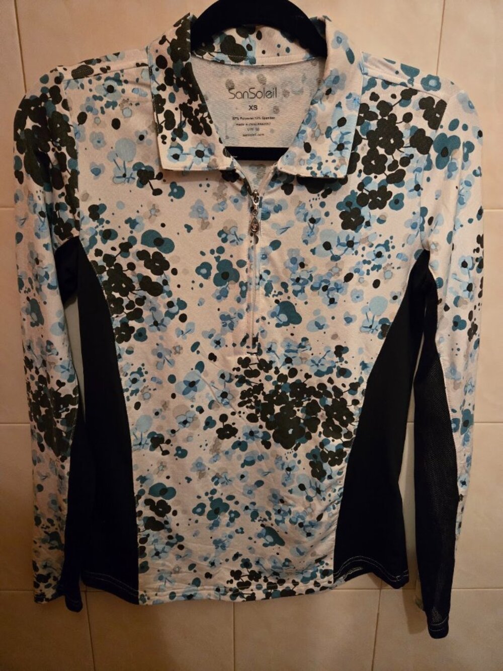 SanSoleil UV 50+ Floral 1/4 Zip Long Sleeve Golf Tennis Sun Shirt Top Size XS